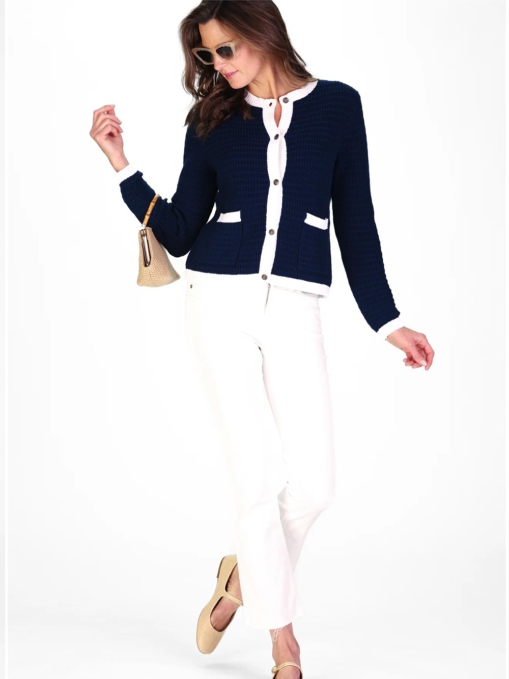 Duffield Lane Heirloom Collection Navy & White Lady Cardigan Size Large